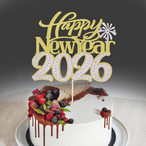 Tortenaufsatz "Happy New Year" 2026, Winter-Weihnachtsfeiertag, Kuchendekoration, Hallo 2026, Silvester/Weihnachten/Frohe Feiertage, Party-Dekorationen (Design 2 - Gold Silber) von Gonasng