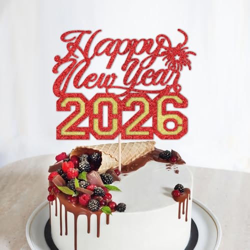 Tortenaufsatz "Happy New Year" 2026, Winter-Weihnachtsfeiertag, Kuchendekoration, Hallo 2026, Silvester/Weihnachten/Frohe Feiertage, Party-Dekorationen (Design 5, Gold, Rot) von Gonasng
