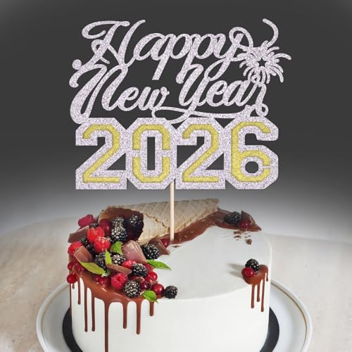 Tortenaufsatz "Happy New Year" 2026, Winter-Weihnachtsfeiertag, Kuchendekoration, Hallo 2026, Silvester/Weihnachten/Frohe Feiertage, Party-Dekorationen (Design 5-Gold, Silber) von Gonasng