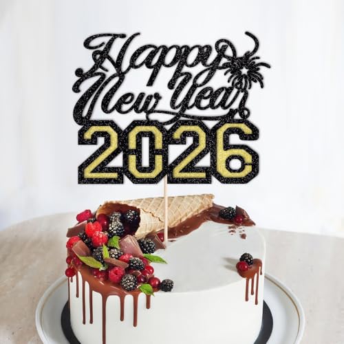 Tortenaufsatz "Happy New Year" 2026, Winter-Weihnachtsfeiertag, Kuchendekoration, Hallo 2026 Silvester/Weihnachten/Frohe Feiertage, Party-Dekorationen (Design 5-Schwarzgold) von Gonasng