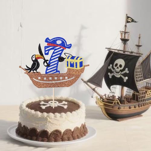 Tortenaufsatz zum 3. Geburtstag, Motiv: Pirat, Motiv: Seefahrt, Motiv: Seefahrt, Meer der Diebe, Kuchendekoration, für Jungen und Mädchen, 6. Geburtstag, Party-Dekorationen (Pirat, 7) von Gonasng