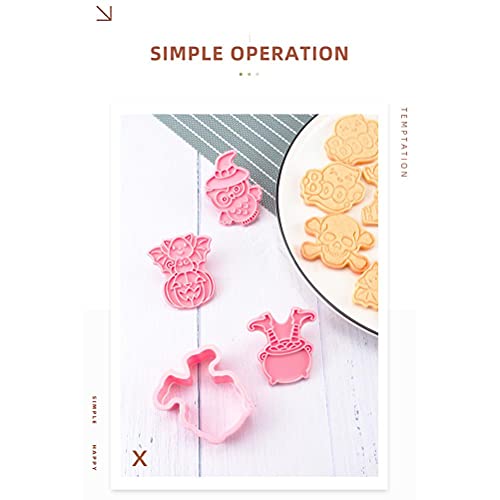 Gonetre Halloween Biscuit Formen 3d Fondant Stamper Backwerkzeuge für DIY Halloween Dekorationen 6 Stück Set mit Schloss Witch Owl Bat Human Knochgeister Designs Food Grade Plastik Rosa von Gonetre
