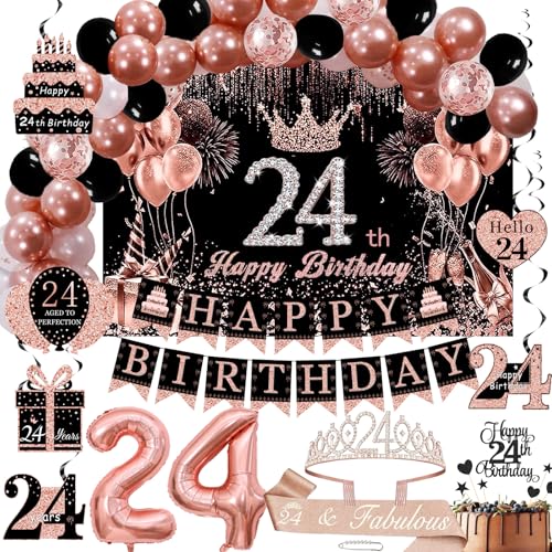 Rose Gold 24 Geburtstag Dekorationen für Frauen - Kulisse Sparkle Crown Schärpe Happy 24th Birthday Banner Cake Topper 24 Zahlen Luftballons Hängende Wirbel Dekorationen - 70pcs von Gonngrun