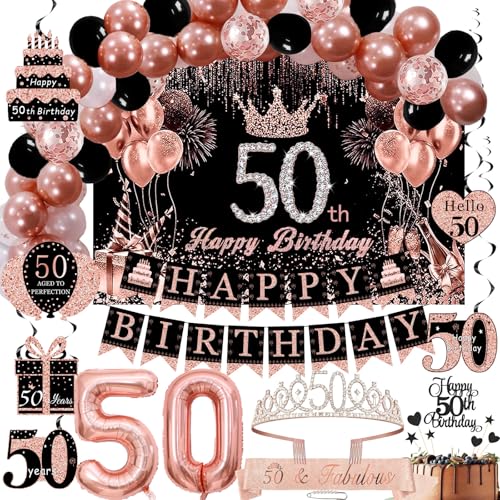Rose Gold 50th Birthday Decor Kit for Women - Backdrop, Sparkle Crown Sash, Happy Birthday Banner, Cake Topper, 50 Number Balloons & Swirl Decorations - 70pcs (Rose50) von Gonngrun