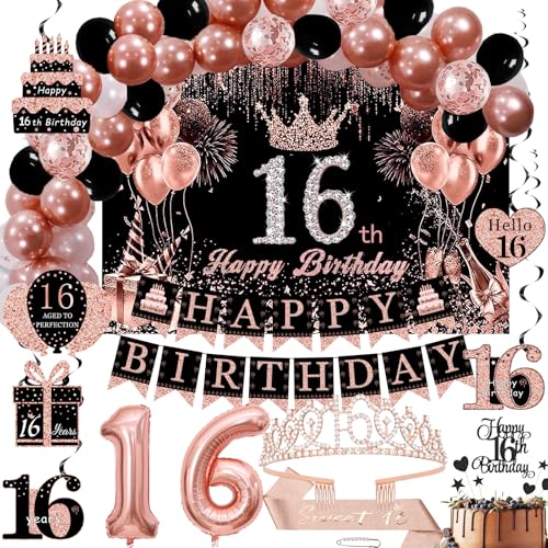 Rotgoldenes Deko-Set zum 16. Geburtstag für Mädchen – Hintergrund, glitzernde Kronen-Schärpe, Happy Birthday Banner, Kuchendekoration, 16 Zahlenballons & Wirbel-Dekorationen – 70 Stück (Rose 16) von Gonngrun