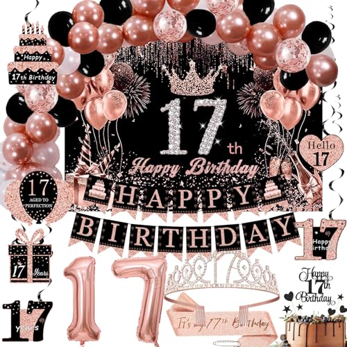 Rotgoldenes Deko-Set zum 17. Geburtstag für Mädchen – Hintergrund, glitzernde Kronen-Schärpe, Happy Birthday Banner, Kuchendekoration, 17 Zahlenballons & Wirbel-Dekorationen – 70 Stück (Rose 17) von Gonngrun