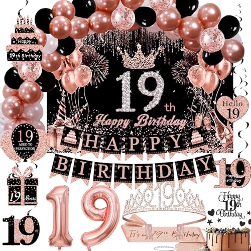Rotgoldenes Deko-Set zum 19. Geburtstag für Mädchen – Hintergrund, glitzernde Kronen-Schärpe, Happy Birthday Banner, Kuchendekoration, 19 Zahlenballons & Wirbel-Dekorationen – 70 Stück (Rose19) von Gonngrun