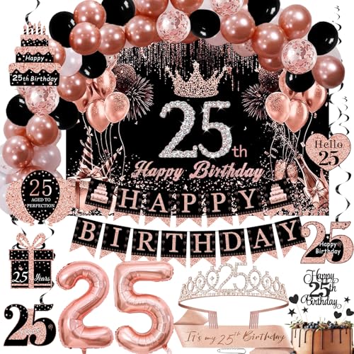 Rotgoldenes Deko-Set zum 25. Geburtstag für Frauen – Hintergrund, glitzernde Kronen-Schärpe, Happy Birthday-Banner, Kuchendekoration, 25 Zahlenballons & Wirbel-Dekorationen – 70 Stück (Rose 25) von Gonngrun
