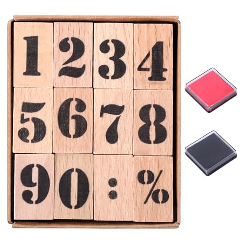 12 Stück Zahlen Holzstempel, Nummer 0 bis 9 Holz Gummistempel, Stempel Zahlen Im Lieferumfang Sind 2 Stempelkissen Enthalten, Zahlenstempel Dekoration Set für DIY Grußkarten, Scrapbooking, Handwerk von GooDengFull