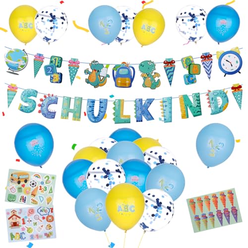 2025 Einschulung Deko Set Junge - SCHULKIND Girlande + 3 Band Schuleinführung Deko+22 Luftballons + 3 Aufkleber + Ballon Zubehör Komplettset für Partysaison zum Schulanfang Schule Büro von GooDengFull
