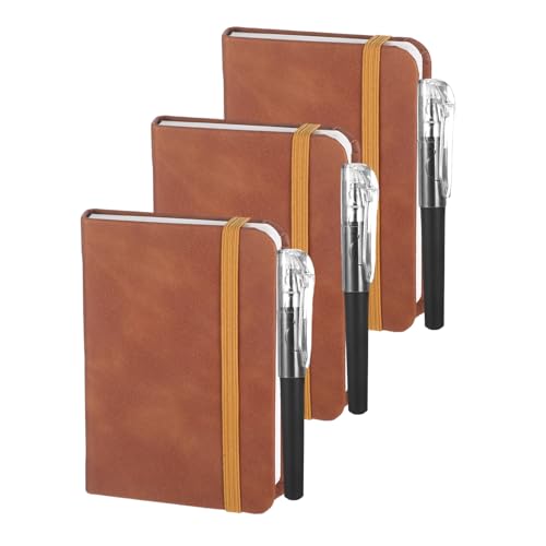 GooDengFull 3 Stück Mini Notizbuch Klein, Kleines Notizbuch A7 mit 3 Stift 80 Seiten/Buch Liniert Taschenbuch mit Register Wird für Männer Frauen Zurück zur Schulsaison (Braun) von GooDengFull