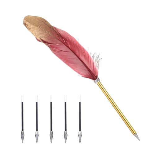 Kugelschreiber Hochwertig Feder Schreibfeder, Vintage Schwarze Federn Pen für Schriftsteller Student, Feder zum Schreiben Federkiel mit 5 Ersatzminen, Gänsefeder Feder Stift für Hochzeits Büro (Rot) Kugelschreiber Hochwertig Feder Schreibfeder, Vintage Schwarze Federn Pen für Schriftsteller Student, Feder zum Schreiben Federkiel mit 5 Ersatzminen, Gänsefeder Feder Stift für Hochzeits Büro (Rot) von GooDengFull