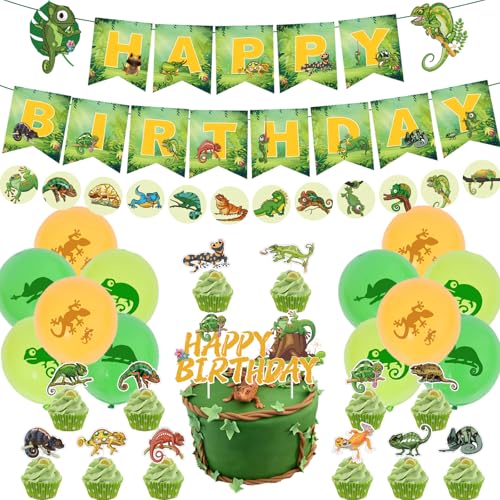 GooPTa Reptilien-Geburtstagsdekorationen, Eidechse, Dschungel, wilde Partyzubehör mit Happy Birthday Banner, Eidechsenaufkleber, Kuchenaufsätze, Luftballons für Kinder, Haustiere, Sumpfsafari GooPTa Reptilien-Geburtstagsdekorationen, Eidechse, Dschungel, wilde Partyzubehör mit Happy Birthday Banner, Eidechsenaufkleber, Kuchenaufsätze, Luftballons für Kinder, Haustiere, Sumpfsafari von GooTPa