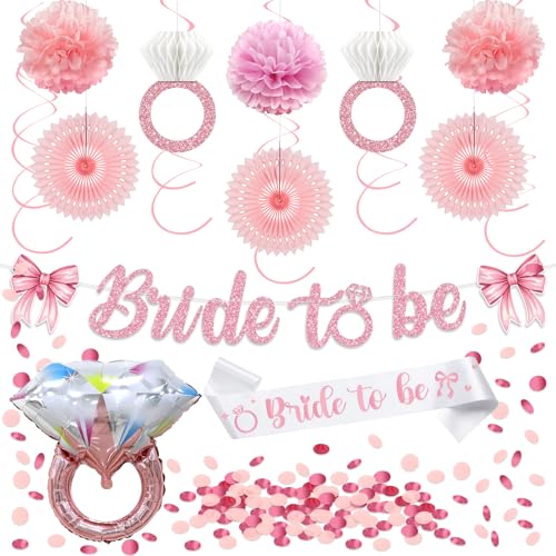 GooTPa Junggesellinnenabschied Dekorationen - Rosa Weiß Brautdusche Supplies mit Bride To Be Banner, Schärpe, Ringschild Honeycome Hängende Dekorationen, Diamantballon, Konfetti für von GooTPa