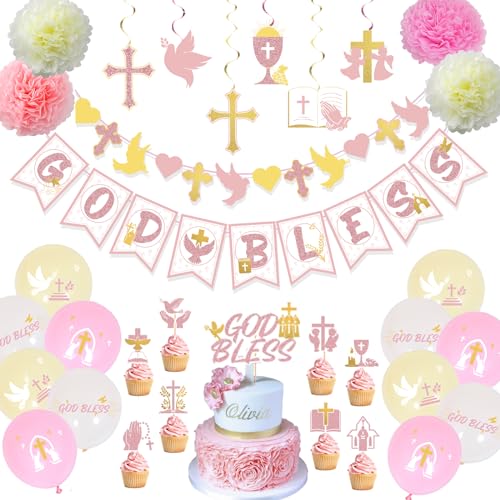 GooTPa Taufdekorationen für Mädchen - Erste Konfirmation Kommunion Dekorationen mit Gott Segen Banner, Kreuztauben hängende Wirbel, Kuchenaufsätze, Luftballons für Babyparty, Hochzeit, Partyzubehör GooTPa Taufdekorationen für Mädchen - Erste Konfirmation Kommunion Dekorationen mit Gott Segen Banner, Kreuztauben hängende Wirbel, Kuchenaufsätze, Luftballons für Babyparty, Hochzeit, Partyzubehör von GooTPa