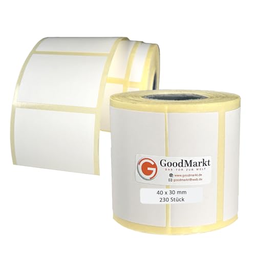 GoodMarkt Thermodirekt Etiketten selbstklebend | 40x30 mm 1 Rolle, weiß, 230 Etiketten | Kompatibel mit Brother, Zebra| Haushaltsetiketten, Barcodeetiketten, Marmeladenetiketten von GoodMarkt