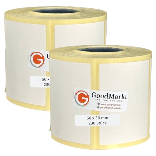 GoodMarkt Thermodirekt Etiketten selbstklebend | 50x30 mm 2 Rolle, weiß, 460 Etiketten | Kompatibel mit Brother, Zebra, Phomemo | Haushaltsetiketten, Barcodeetiketten, Marmeladenetiketten von GoodMarkt