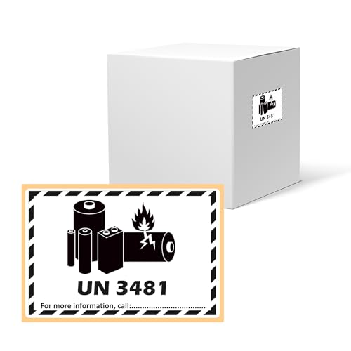 GoodMarkt Transportaufkleber, Gefahrgutetiketten UN 3481 Enthält Lithium-Ionen-Batterien | selbstklebend 150x100 mm, 50 Etiketten/Rolle | Akku Etiketten, Gefahrgutaufkleber mit Telefonnummer schreiben von GoodMarkt