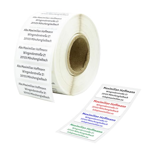 GoodMarkt selbstklebende personalisierte Adressetiketten | 48x18 mm, ab 50 Labels/Rolle, weißer Kunststoff | wasserfestes und reißfestes Adressaufkleber | Namensaufkleber für Briefe, Schulsachen von GoodMarkt