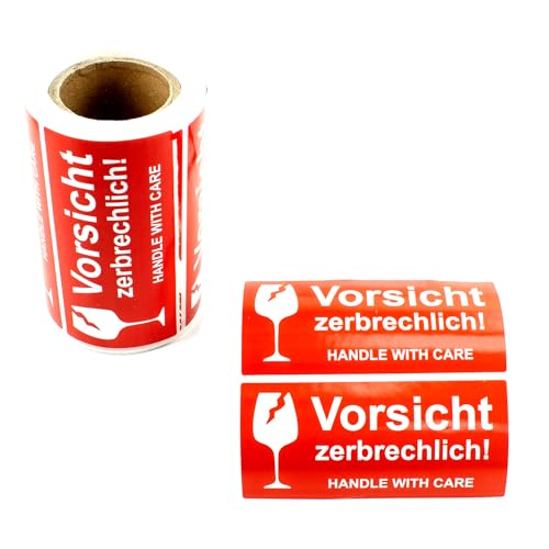 GoodMarkt vorsicht zerbrechlich aufkleber – leuchtrot Warnetiketten auf rolle 102x48mm – selbstklebend 250 Labels –Handle with care – Vorsicht Glas Aufkleber – Fragile Attention Versandaufkleber von GoodMarkt