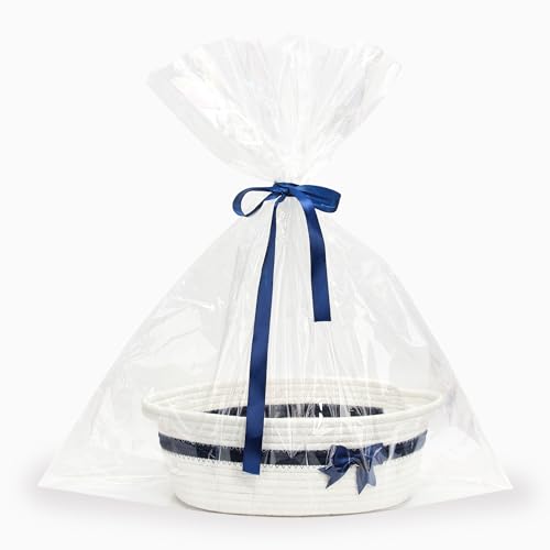 Goodheim Geschenkkorb Leer, Geflochten Korb für Geschenke mit Geschenkfolie Transparent und Geschenkschleife, Präsentkorb Leer für Halloween Erntedank Weihnachten (Weiß mit Schleife) von Goodheim