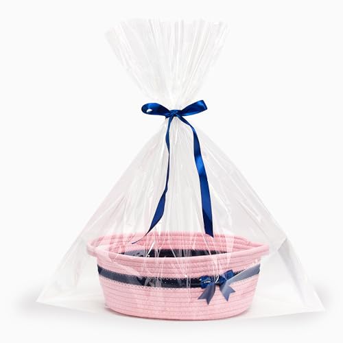 Goodheim Geschenkkorb Leer, Geflochten Korb für Geschenke mit Geschenkfolie Transparent und Geschenkschleife, Präsentkorb Leer für Halloween Erntedank Weihnachten (Rosa mit Schleife) von Goodheim