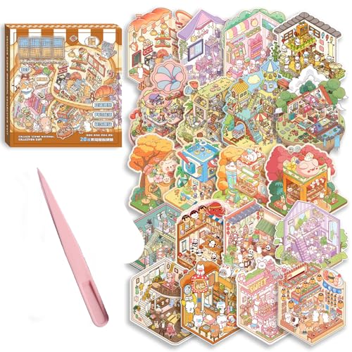 Goorder 3D House Stickers Scene Set, 20 Sets Stickerbuch Wiederverwendbar, Sticker Therapy, DIY-Aufkleber für Basteln, with 30 PET Sticker, 20 Mminiatur Haus, Relief Stress für Erwachsene Kinder von Goorder