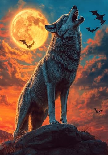Malen Nach Zahlen Mond Malen Nach Zahlen Erwachsene 90x120 cm, Wolf Paint by Numbers Adult DIY Ölgemälde Set, mit Acrylfarben & Knitterfreier Leinwand Kit, (Ohne Rahmen) Home Deko Geschenke X-6669 von Gooxehuu