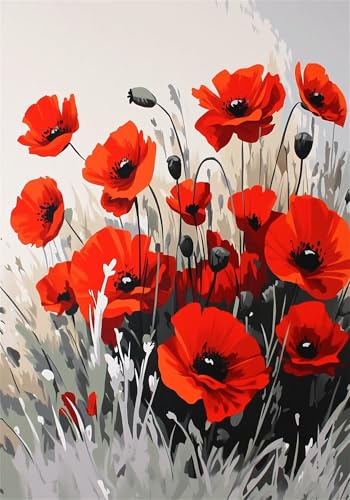 Malen Nach Zahlen Rot Malen Nach Zahlen Erwachsene 60x80 cm, Mohn Paint by Numbers Adult DIY Ölgemälde Set, mit 3 Pinseln, Acrylfarben & Knitterfreier Leinwand Kit, (Ohne Rahmen) Deko Geschenke X-6926 von Gooxehuu