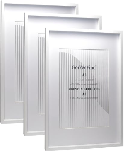 Weißer A2-Holz-Bilderrahmen mit Passepartout für A3-Rahmen, 3 Stück, A2 Holzoptik, Posterrahmen mit Passepartout für A3-Rahmen von GorYeeFine