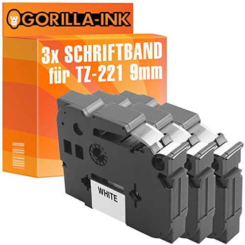 Gorilla-Ink® 3X Schriftband kompatibel für Brother P-Touch TZ-221 TZe-221 Schwarz-Weiß von Gorilla-Ink