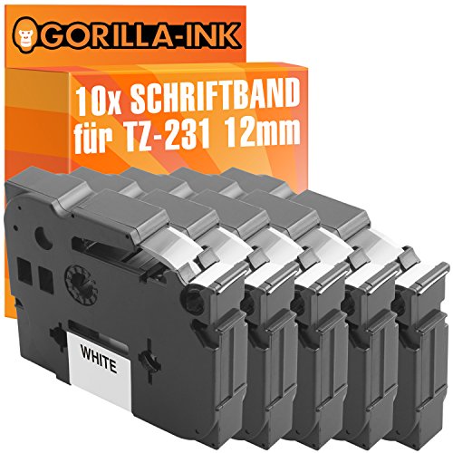 Gorilla-Ink 10x Schriftband kompatibel mit Brother P-Touch TZ-231 TZe-231 Schwarz-Weiß von Gorilla-Ink