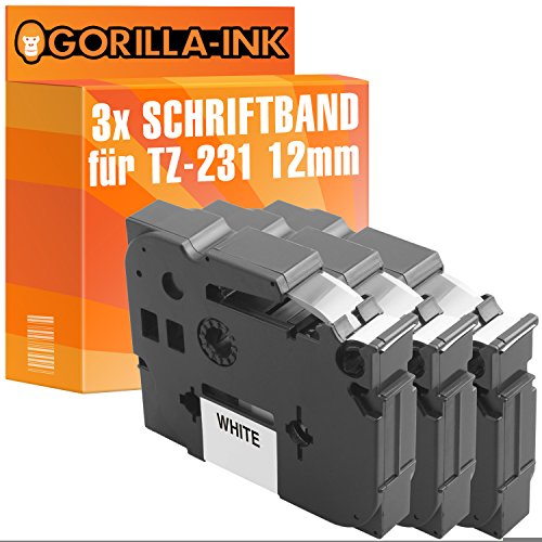 Gorilla-Ink 3X Schriftband kompatibel mit Brother P-Touch TZ-231 TZe-231 Schwarz-Weiß von Gorilla-Ink