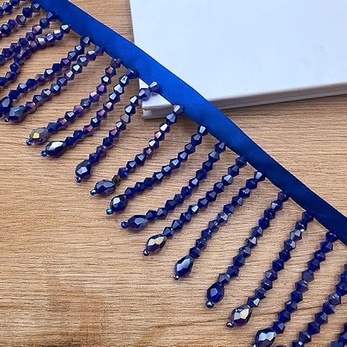GorinsKani Handgefertigte Fransenborte mit Perlen, zum Aufhängen, Kristall-Perlen, Quaste, Fransenborte zum Nähen, Basteln, Kleidung, Zubehör (Marineblau) von GorinsKani
