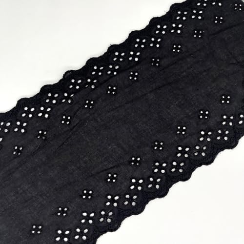 GorinsKani Spitzenband aus Baumwolle, 4 m, 14 cm, weißer Spitzenstoff, Stickerei, vier Ösen, Spitzenband, exquisite breite Stickerei, Spitze zum Nähen, Kleidung, Heimdekoration, DIY Handwerk (schwarz) von GorinsKani
