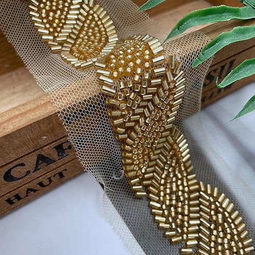 GorinsKani Zierband mit Spitzenrand, Blattform, Netzstoff, bestickte Applikation, Nähen, Handwerk, Hochzeit, Brautkleid, Party, Kleidung, Dekoration, goldfarben, 2 m von GorinsKani