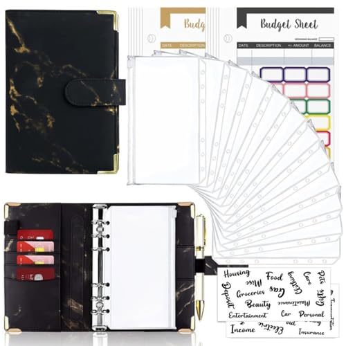 Goshyda 12 Farbenfrohe Budgetblätter+Reißverschlusspockt 12+24 Registerkarten 1+2 Englisch Word Tabs A6 Losblatt Bindemittel Handbuch Marmorbuch Leder PU 6 Löcher Losenblattbuch (BLACK) von Goshyda
