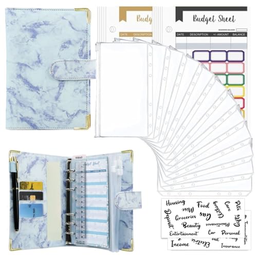 Goshyda 12 Farbenfrohe Budgetblätter+Reißverschlusspockt 12+24 Registerkarten 1+2 Englisch Word Tabs A6 Losblatt Bindemittel Handbuch Marmorbuch Leder PU 6 Löcher Losenblattbuch (BLUE) von Goshyda