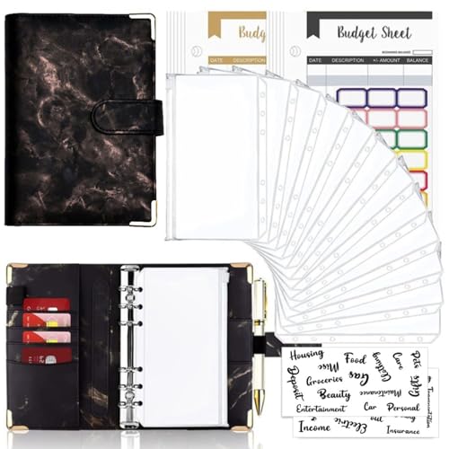 Goshyda 12 Farbenfrohe Budgetblätter+Reißverschlusspockt 12+24 Registerkarten 1+2 Englisch Word Tabs A6 Losblatt Bindemittel Handbuch Marmorbuch Leder PU 6 Löcher Losenblattbuch (BROWN) von Goshyda
