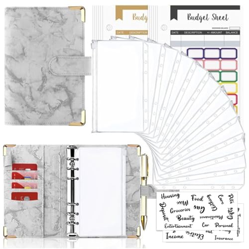 Goshyda 12 Farbenfrohe Budgetblätter+Reißverschlusspockt 12+24 Registerkarten 1+2 Englisch Word Tabs A6 Losblatt Bindemittel Handbuch Marmorbuch Leder PU 6 Löcher Losenblattbuch (GRAY) von Goshyda