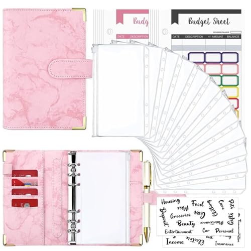 Goshyda 12 Farbenfrohe Budgetblätter+Reißverschlusspockt 12+24 Registerkarten 1+2 Englisch Word Tabs A6 Losblatt Bindemittel Handbuch Marmorbuch Leder PU 6 Löcher Losenblattbuch (Rosa) von Goshyda