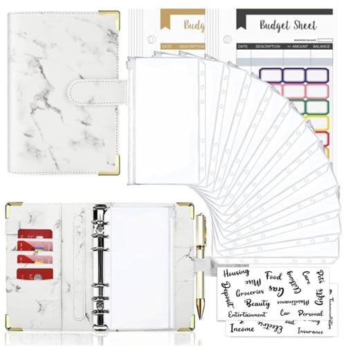 Goshyda 12 Farbenfrohe Budgetblätter+Reißverschlusspockt 12+24 Registerkarten 1+2 Englisch Word Tabs A6 Losblatt Bindemittel Handbuch Marmorbuch Leder PU 6 Löcher Losenblattbuch (Wuite) von Goshyda
