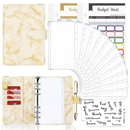Goshyda 12 Farbenfrohe Budgetblätter+Reißverschlusspockt 12+24 Registerkarten 1+2 Englisch Word Tabs A6 Losblatt Bindemittel Handbuch Marmorbuch Leder PU 6 Löcher Losenblattbuch (YELLOW) von Goshyda