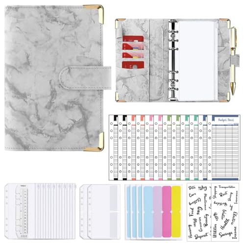 Goshyda 12 Farbenfrohe Budgetblätter+Reißverschlusspockt 12+24 Registerkarten 1+2 Englisch Word Tabs A6 Losblatt Bindemittel Handbuch Marmorbuch Leder PU 6 Löcher Losenblattbuch (dunkelgrau) von Goshyda