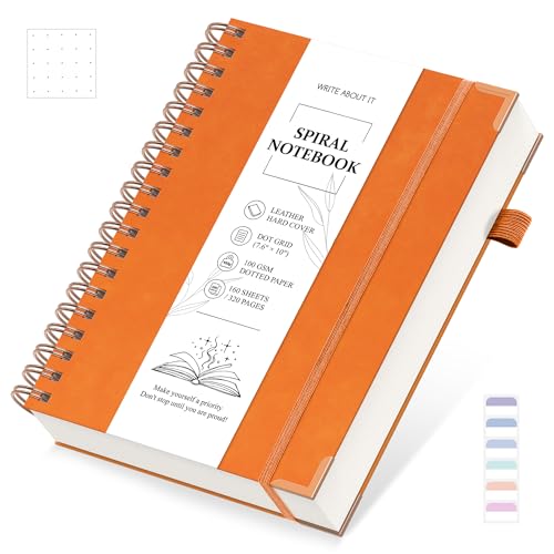 Notizbuch B5 Gepunktetes, Notizblock, Bullet Dot Grid Journal, Spiral Notizbücher 320 Seiten zum Schreiben, 100gsm, Leder Hardcover, für Frauen Männer Arbeit Büro Schule, 19 x 25 cm - Orange von Gosirm