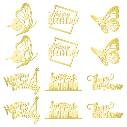12stk Happy Birthday Kuchenaufsätze, Verspiegelter Acryl-Kuchenaufsatz Exquisite Seitliche Kuchendekorationen Happy Birthday Schild für Kuchendekorations-Zubehör-Set (Gold) von Gosknor
