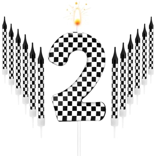 13 Stück Rennauto-Geburtstagskerzen, Schwarz-Weiß Karierte Kerzen Geburtstagszahlenkerze Kuchenaufsatz für Jungen Kinder Babyparty Rennauto-Thema Party Dekoration Zubehör (Zahl 2) von Gosknor