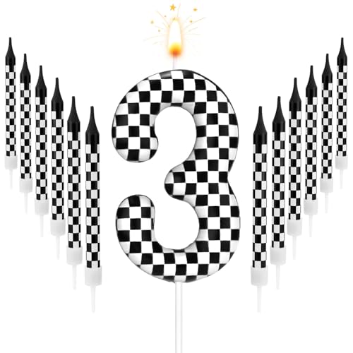 13 Stück Rennauto-Geburtstagskerzen, Schwarz-Weiß Karierte Kerzen Geburtstagszahlenkerze Kuchenaufsatz für Jungen Kinder Babyparty Rennauto-Thema Party Dekoration Zubehör (Zahl 3) von Gosknor