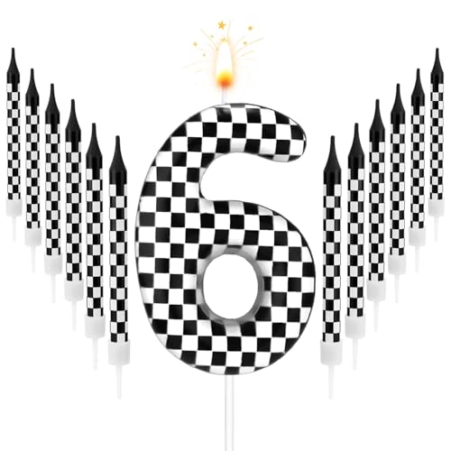 13 Stück Rennauto-Geburtstagskerzen, Schwarz-Weiß Karierte Kerzen Geburtstagszahlenkerze Kuchenaufsatz für Jungen Kinder Babyparty Rennauto-Thema Party Dekoration Zubehör (Zahl 6) von Gosknor