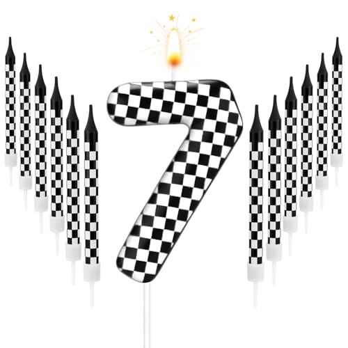 13 Stück Rennauto-Geburtstagskerzen, Schwarz-Weiß Karierte Kerzen Geburtstagszahlenkerze Kuchenaufsatz für Jungen Kinder Babyparty Rennauto-Thema Party Dekoration Zubehör (Zahl 7) von Gosknor
